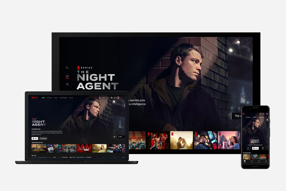 A TV, laptop and phone showing the Netflix interface